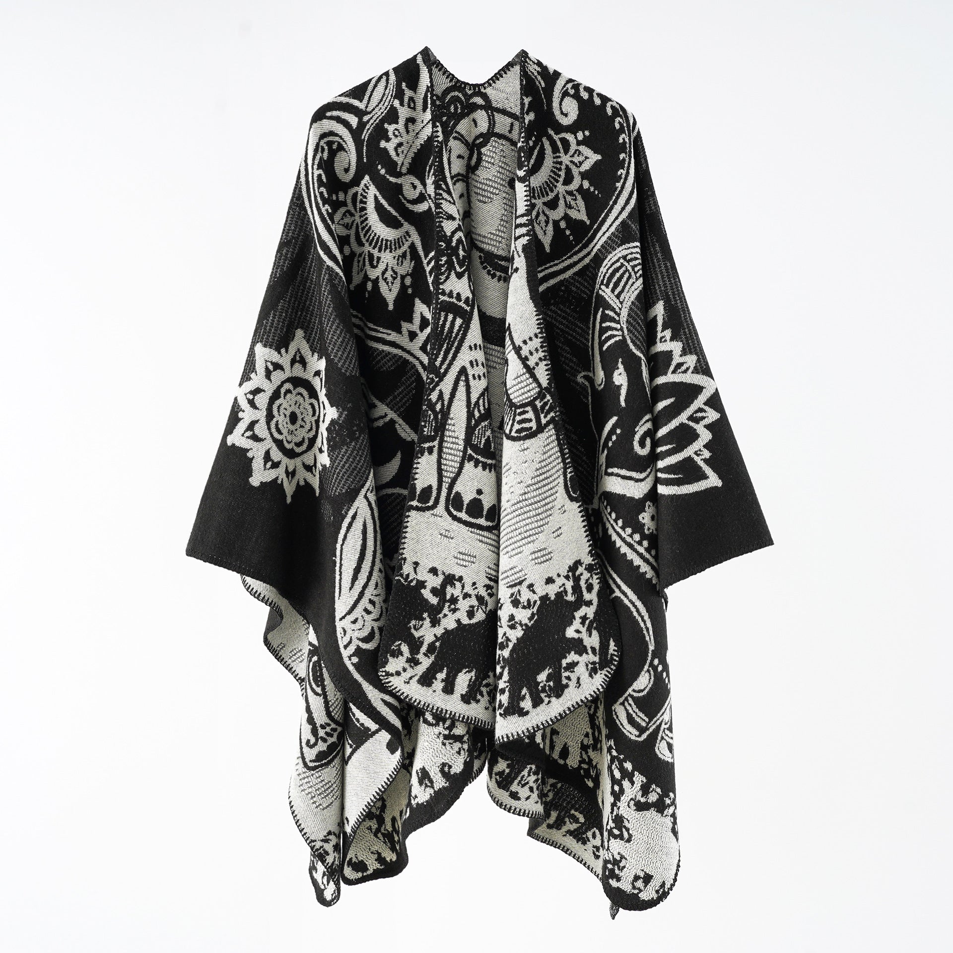 Damen Poncho mit Blumenmuster und Fransen