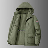 Herren gefütterte Softshell-Winterjacke mit Kapuze und Multifunktionstaschen