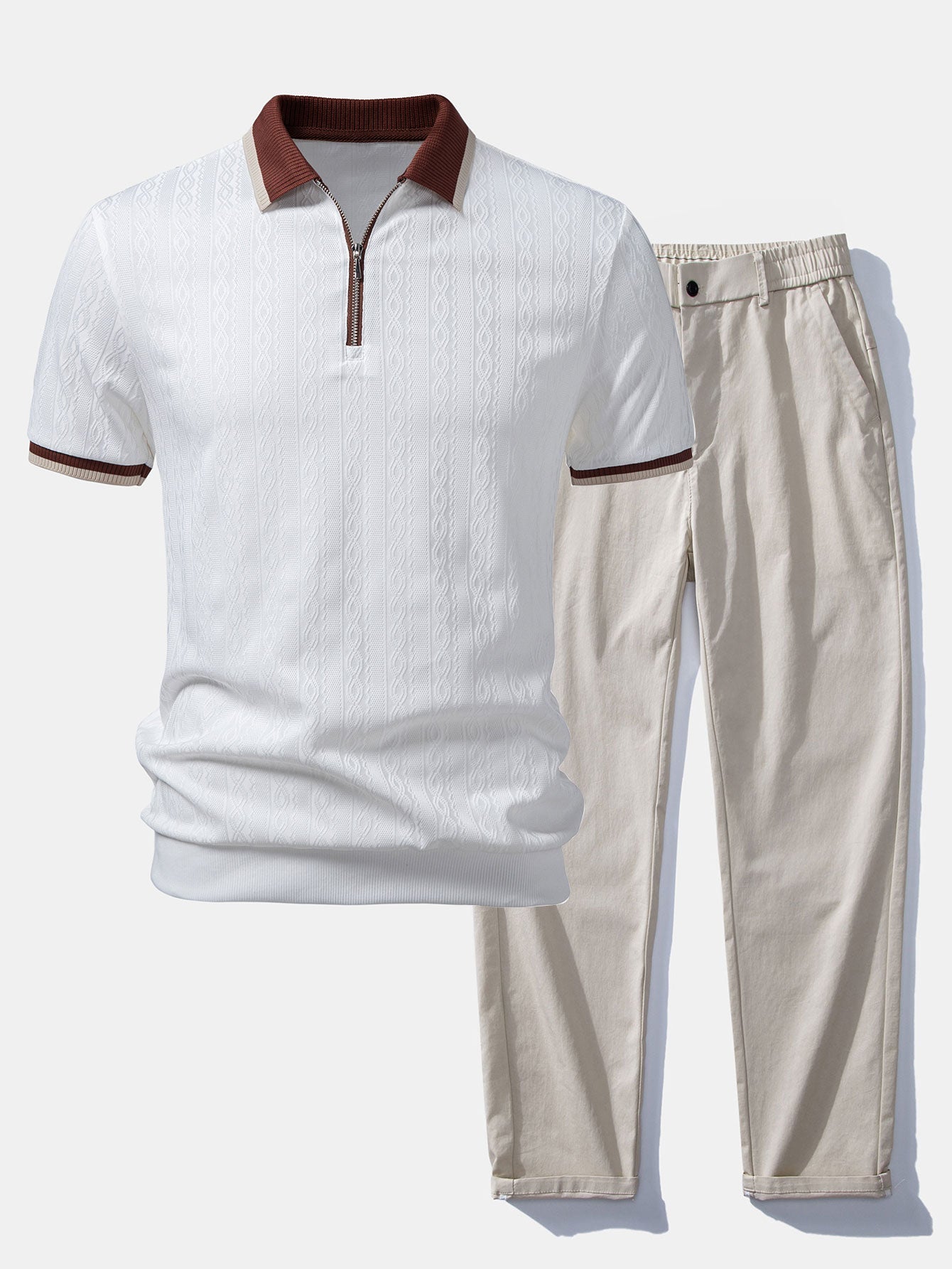 Herren Kurzarm Zip Polo & Elastischer Bund Gerade-Hosen Set