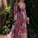 Sancha | Damen Maxi Blumenkleid mit V-Ausschnitt und langen Ärmeln
