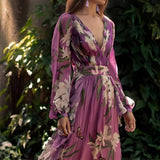 Sancha | Damen Maxi Blumenkleid mit V-Ausschnitt und langen Ärmeln