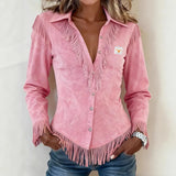 Solène │ Wildleder Bluse mit Knöpfen und Fransen-Details