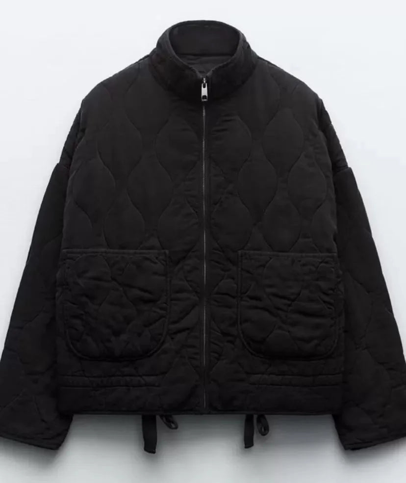 Damen Cropped Steppjacke mit Taschen und Bindegürtel