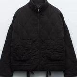 Damen Cropped Steppjacke mit Taschen und Bindegürtel