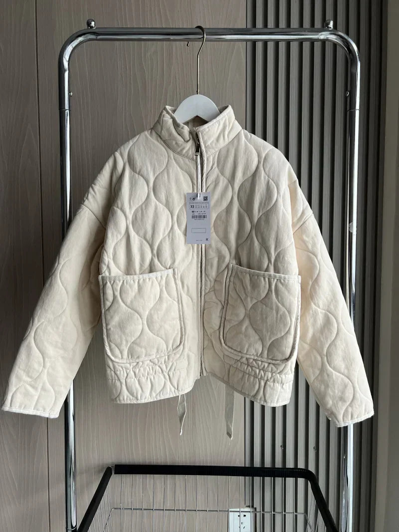 Damen Cropped Steppjacke mit Taschen und Bindegürtel