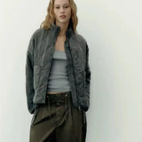 Damen Cropped Steppjacke mit Taschen und Bindegürtel