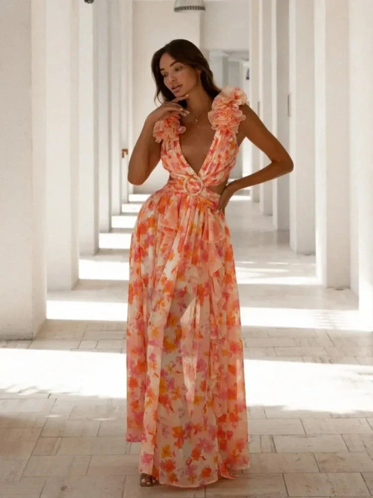 Aurora - Elegantes Rückenfreies Rüschens Maxikleid