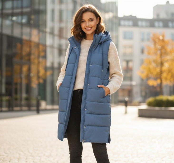Knielange Steppweste für Damen mit Kapuze und Taschen
