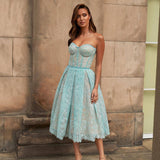 Luna | Damen Strapless Spitz Midi Kleid mit Korsett-Oberteil