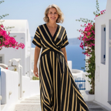 Lina | Kurzarm V-Ausschnitt gestreiftes Wickel-Midi-Kleid