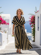 Lina | Kurzarm V-Ausschnitt gestreiftes Wickel-Midi-Kleid