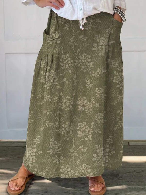 Damen Vintage Floral Leinen Rock mit elastischem Bund und Taschen