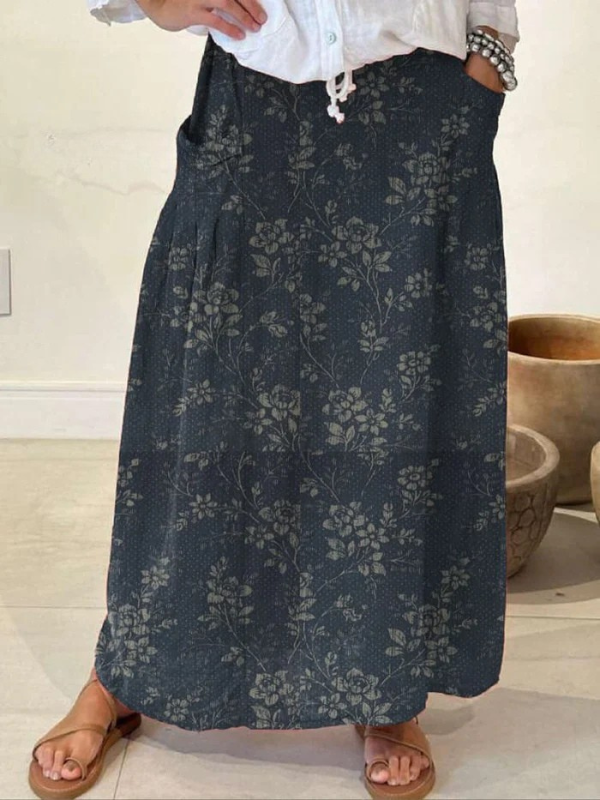 Damen Vintage Floral Leinen Rock mit elastischem Bund und Taschen