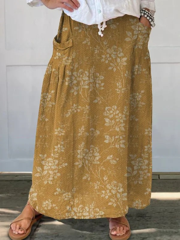 Damen Vintage Floral Leinen Rock mit elastischem Bund und Taschen