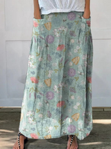 Blühendes Frühlingsblumen- und Hummel-Muster bedruckter Damen-Leinenrock mit Taschen