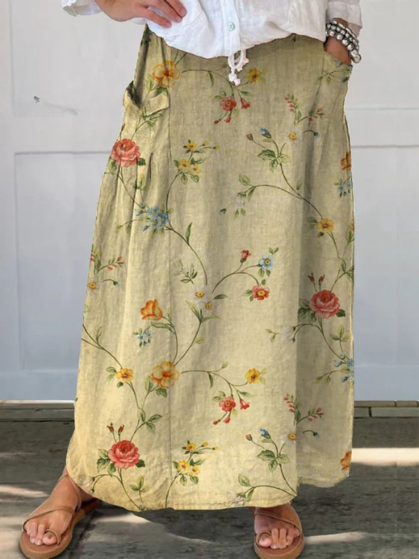 Eleganter Retro-Rock für Damen mit Blumenmuster, elastischem Bund und Taschen