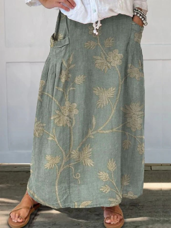 Eleganter Retro-Rock für Damen mit Blumenmuster, elastischem Bund und Taschen