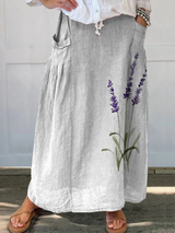 Wasserfarben Lavendel Floral Gedruckter Damen Leinen Rock mit Elastischem Bund und Taschen
