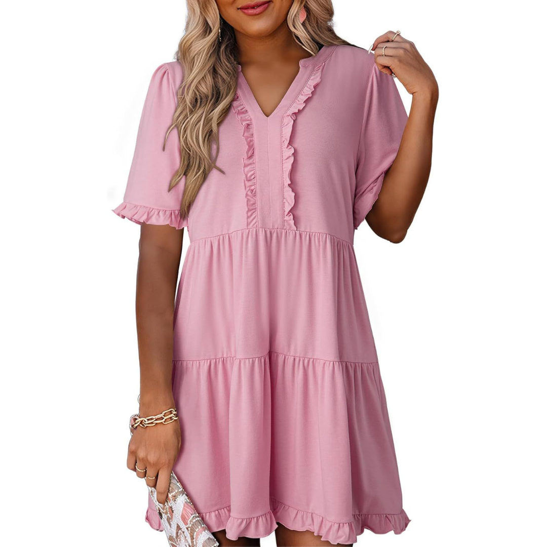 Shaila™ - Lässiges V-Ausschnitt Mini-Kleid