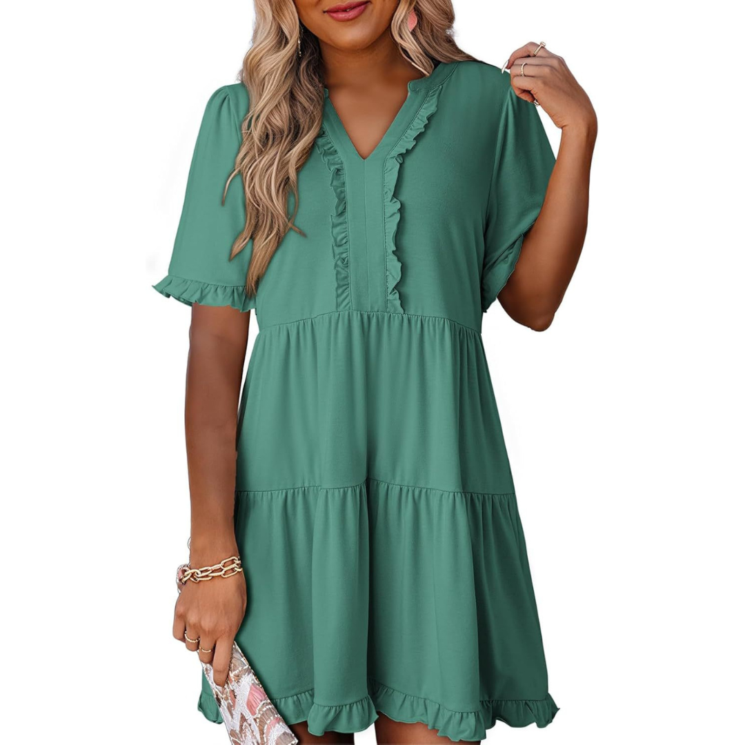 Shaila™ - Lässiges V-Ausschnitt Mini-Kleid
