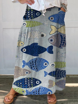 Damen Vintage Liebe Fisch Kunst Druck Leinen Tasche Rock