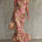 Mae | Retro Floral Puff Sleeve Maxi Kleid