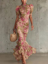 Mae | Retro Floral Puff Sleeve Maxi Kleid
