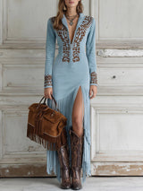 Ophelio Maxikleid im Western-Stil mit besticktem Kunstleder-Fransen und halbem Reißverschluss
