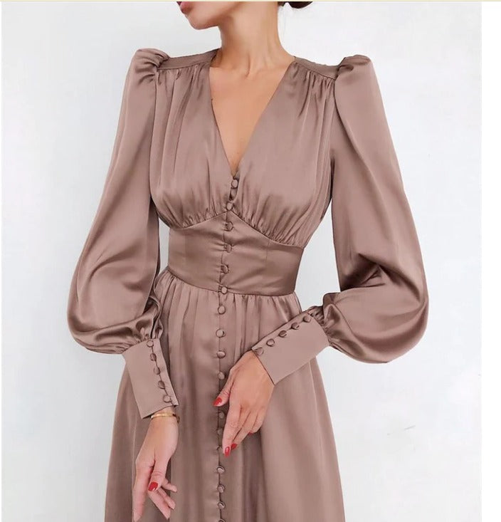 Arya | Damen-Midikleid mit V-Ausschnitt und Knöpfen