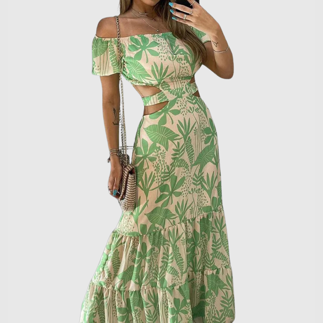 Xiomara | Damen Maxi-Kleid mit kurzen Ärmeln und Ausschnitt