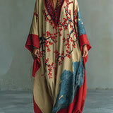 Maxi-Kleid mit Fledermausärmeln und japanischem Rot-Pflaumenblüten-Druck
