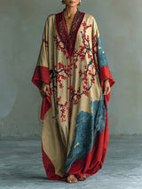 Maxi-Kleid mit Fledermausärmeln und japanischem Rot-Pflaumenblüten-Druck