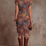 Judy | Abstraktes V-Ausschnitt Falten Midi-Kleid mit Bohemian Flair