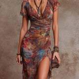 Judy | Abstraktes V-Ausschnitt Falten Midi-Kleid mit Bohemian Flair