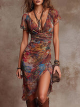 Judy | Abstraktes V-Ausschnitt Falten Midi-Kleid mit Bohemian Flair