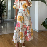 Camille | Damen Blumen-Maxikleid mit Puffärmeln