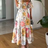 Camille | Damen Blumen-Maxikleid mit Puffärmeln