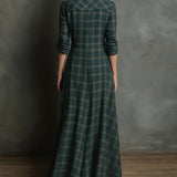 Valentina | Damen Langarm Karo Maxikleid mit Knöpfen und Taschen
