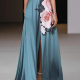 Martina | Damen Blumen Ärmelloses Maxikleid mit seitlichem Schlitz