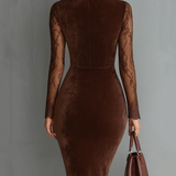 Braunes Vintage-Velours-Minikleid mit Schlüsselloch-Ausschnitt und Spitzenärmeln