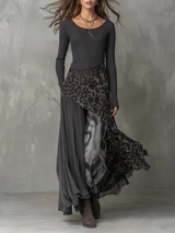 Maxi-Kleid mit grauen Streifen und Leopardenmuster, unregelmäßiger Saum