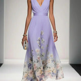 Paula | Maxikleid aus Chiffon mit Blumen hellblau und V-Ausschnitt