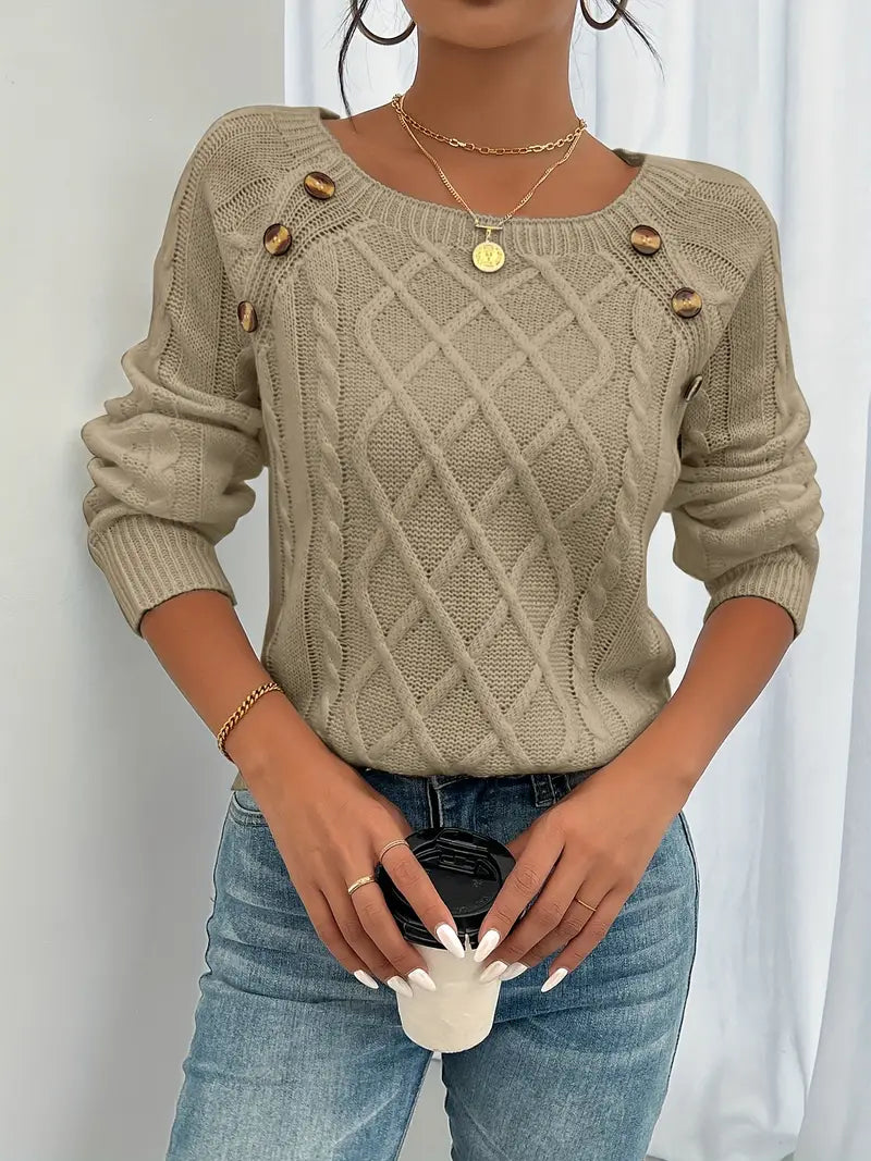 Lina - Langärmeliger Pullover Mit Zopfmuster, Lässiger Pullover Mit Rundhalsausschnitt