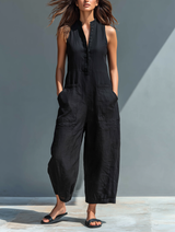 Minimalistischer Damen-Jumpsuit mit Stehkragen, Knopfleiste und lässiger, lockerer Passform