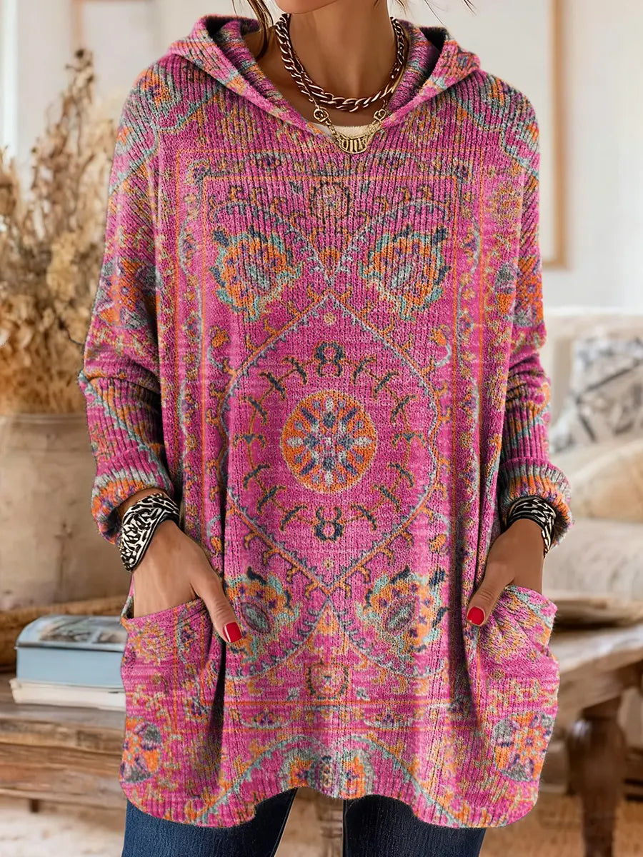 Vintage-inspirierte Kapuzenstrick-Tunika mit Taschen und ethnischem Druck