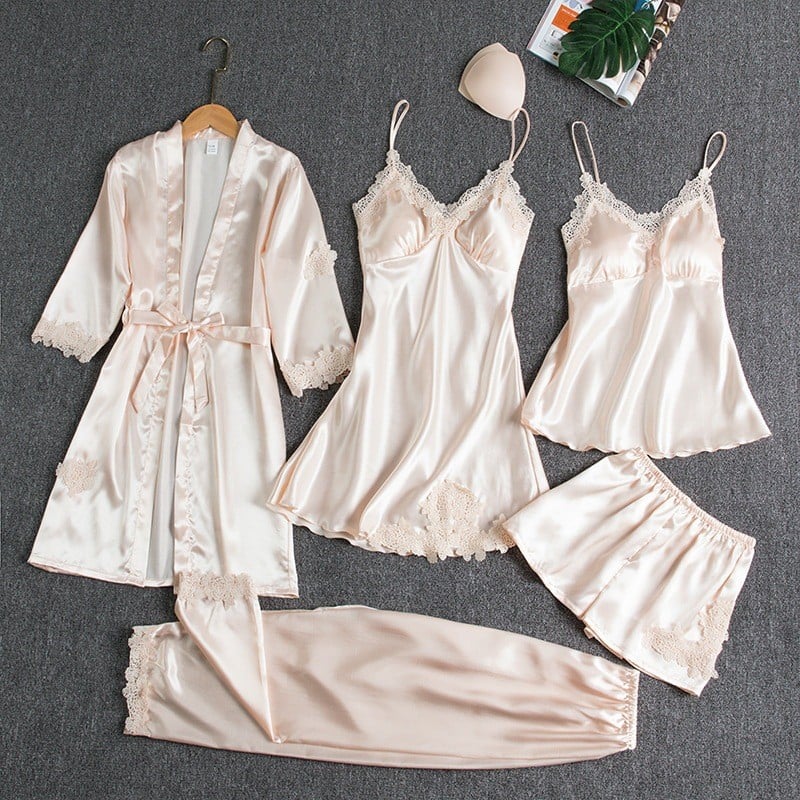 Damen 5-teiliges Nachtkleid-Set mit Spitze