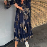 Rose™ – Vintage Lockerer V-Ausschnitt Midi-Kleid