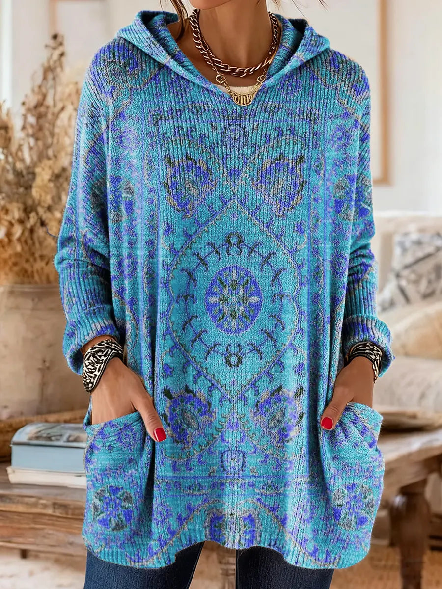 Vintage-inspirierte Kapuzenstrick-Tunika mit Taschen und ethnischem Druck