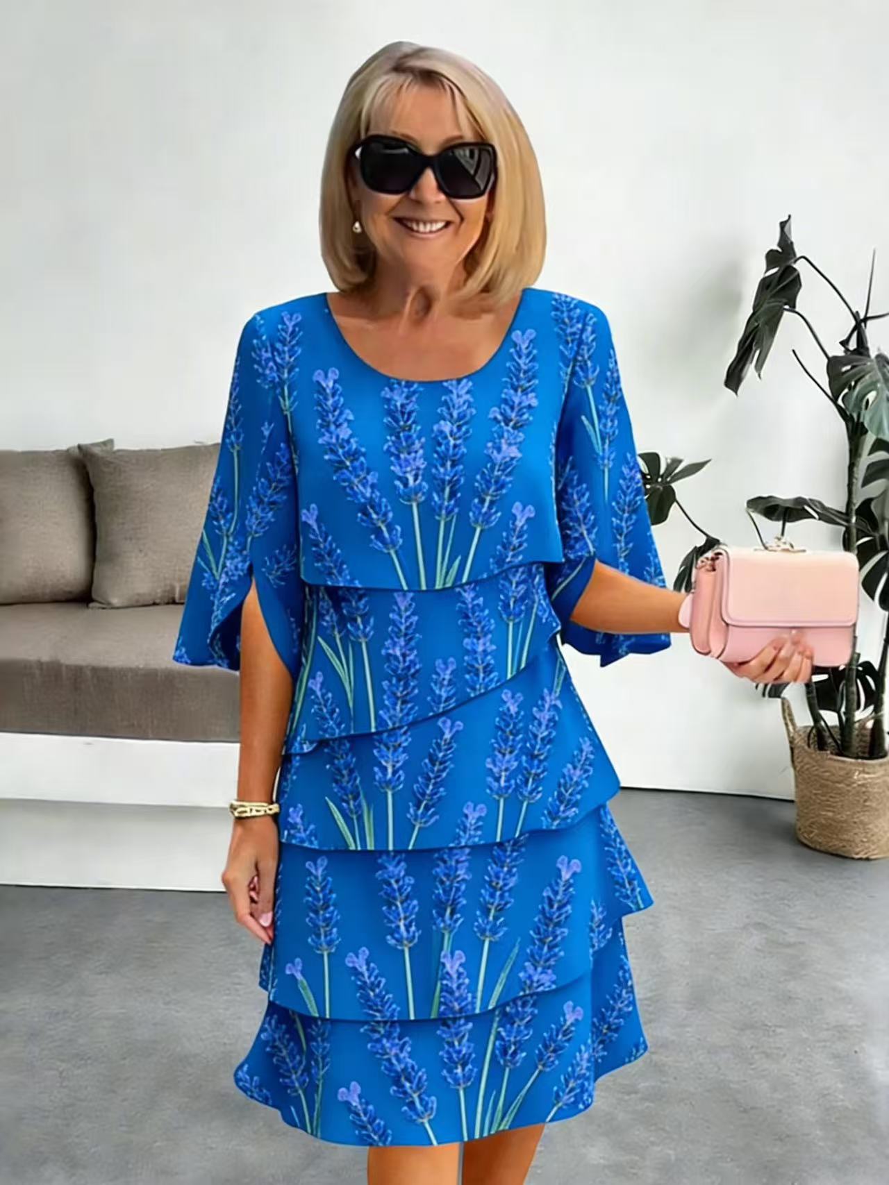 Elyvane™ - Damen Floral Rüschenkleid mit mittellangen und geschlitzten Ärmeln