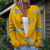 Anke | Gele cardigan met vismotief